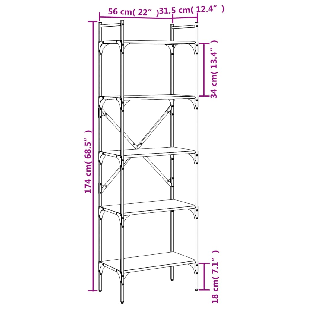 Bookcase 5 Compartments Grey Sonoma 56x31.5x174 cm Wood Material