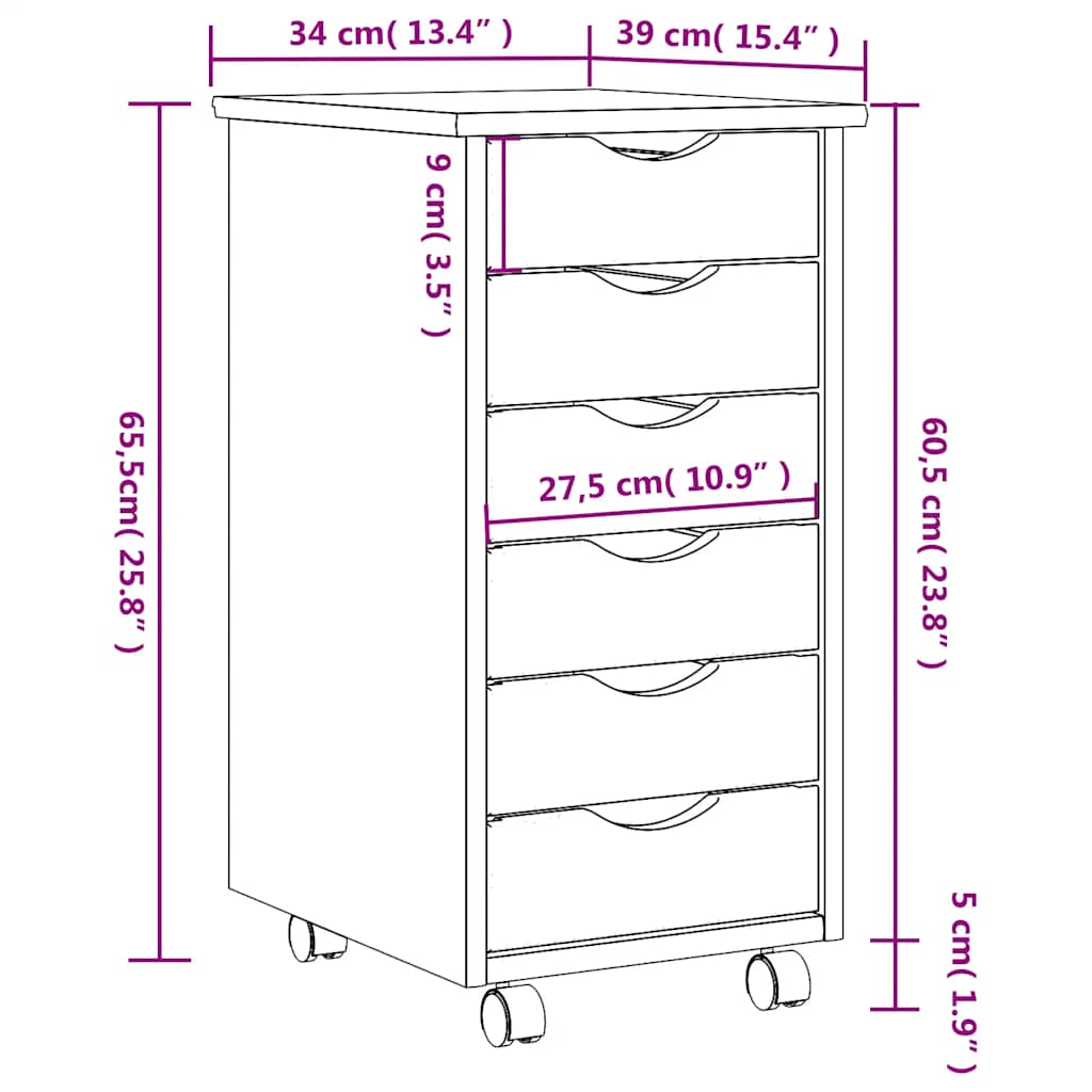 Rolling Cabinet with Drawers MOSS White Solid Pine