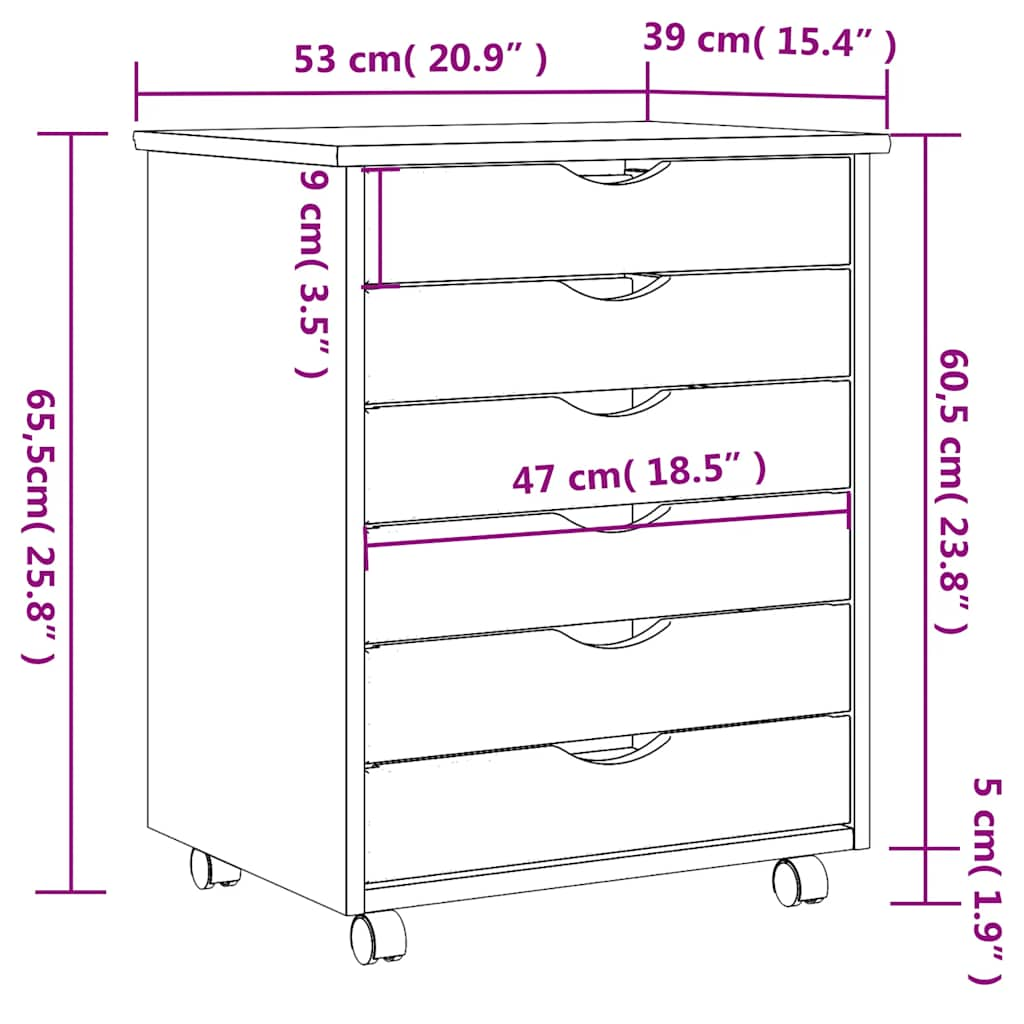 Rolling Cabinet with Drawers MOSS White Solid Pine