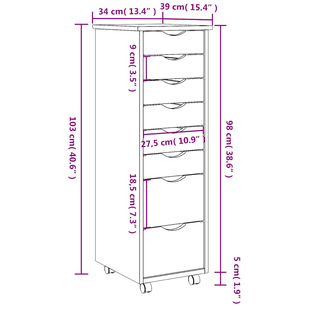 Rolling Cabinet with Drawers MOSS White Solid Pine