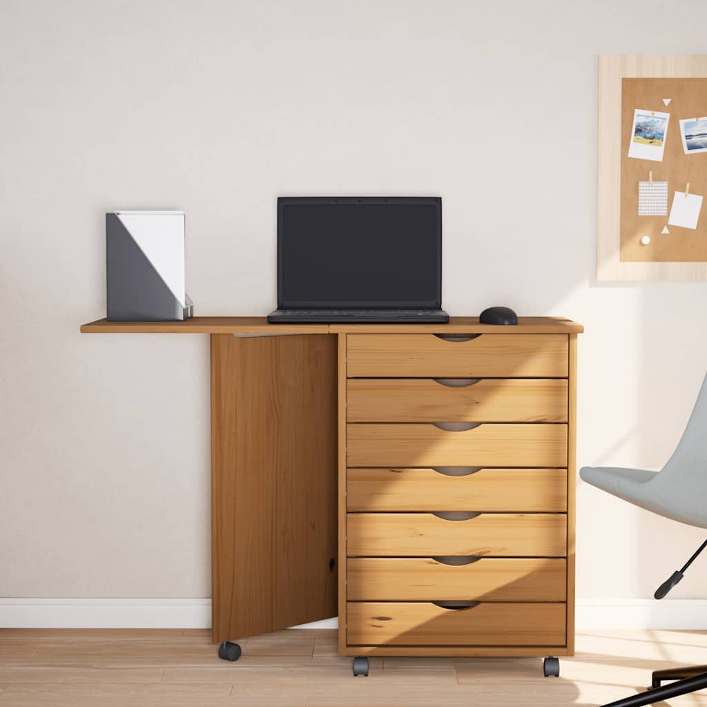 Rolling Cabinet with Desk MOSS Honey Brown Solid Pine