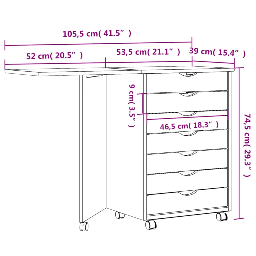 Rolling Cabinet with Desk MOSS Honey Brown Solid Pine