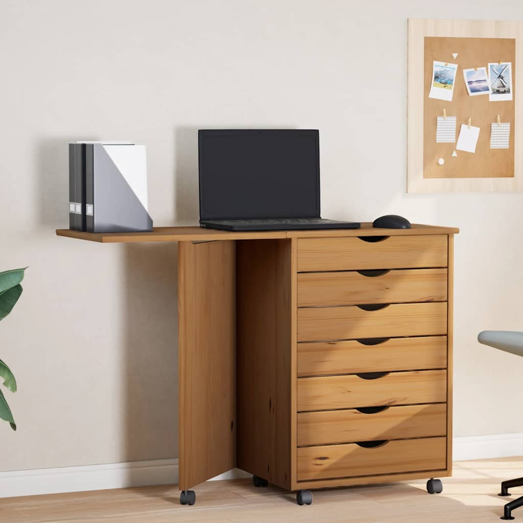 Rolling Cabinet with Desk MOSS Honey Brown Solid Pine