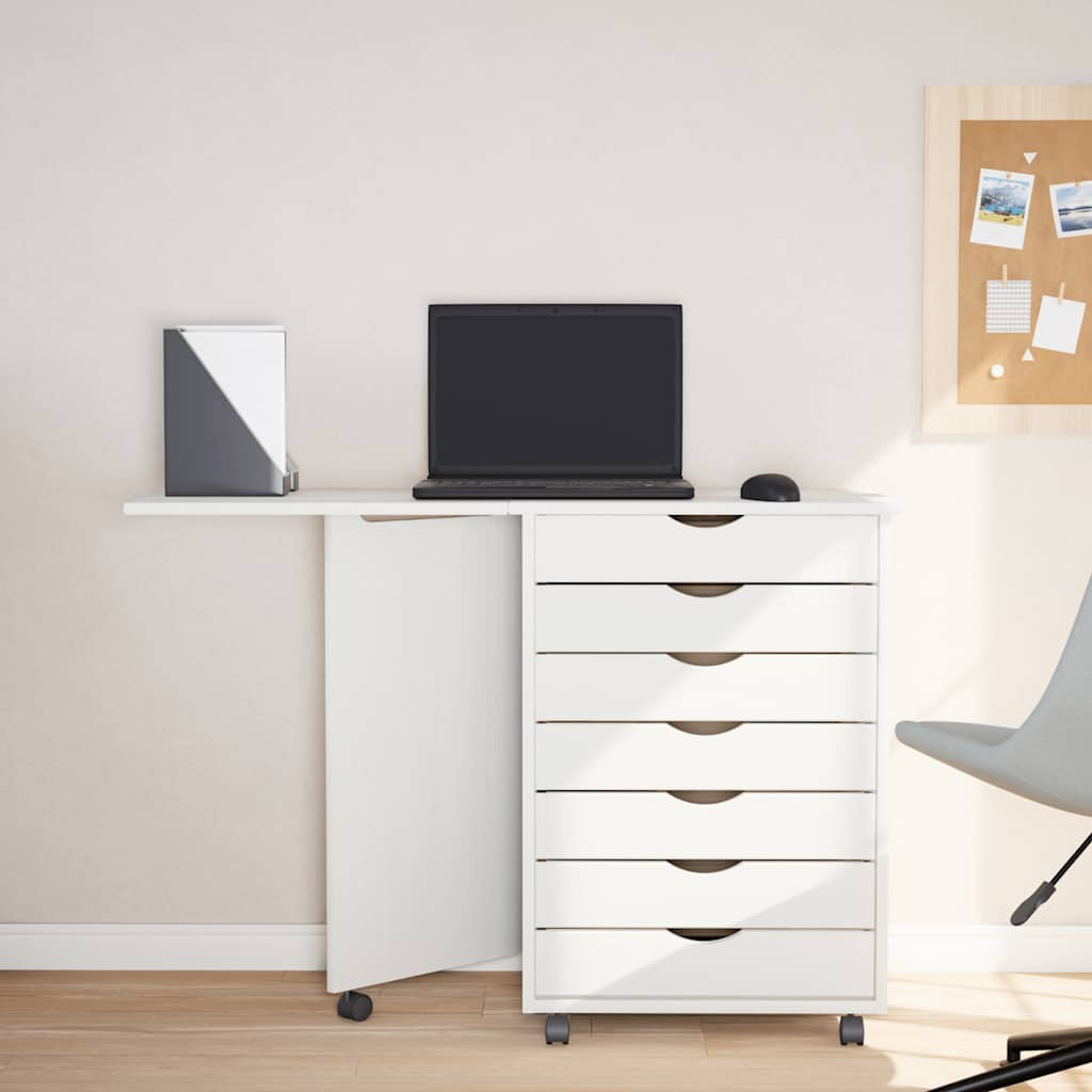 Rolling Cabinet with Desk MOSS White Solid Pine