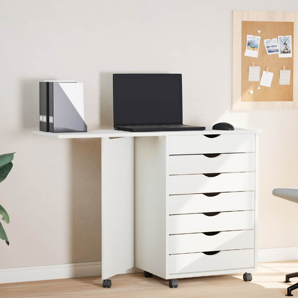 Rolling Cabinet with Desk MOSS White Solid Pine