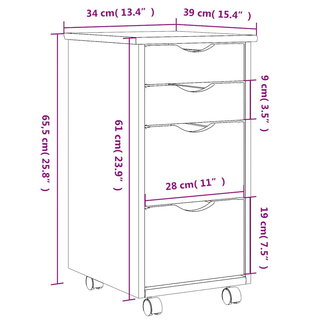 Rolling Cabinet with Drawers MOSS White Solid Pine