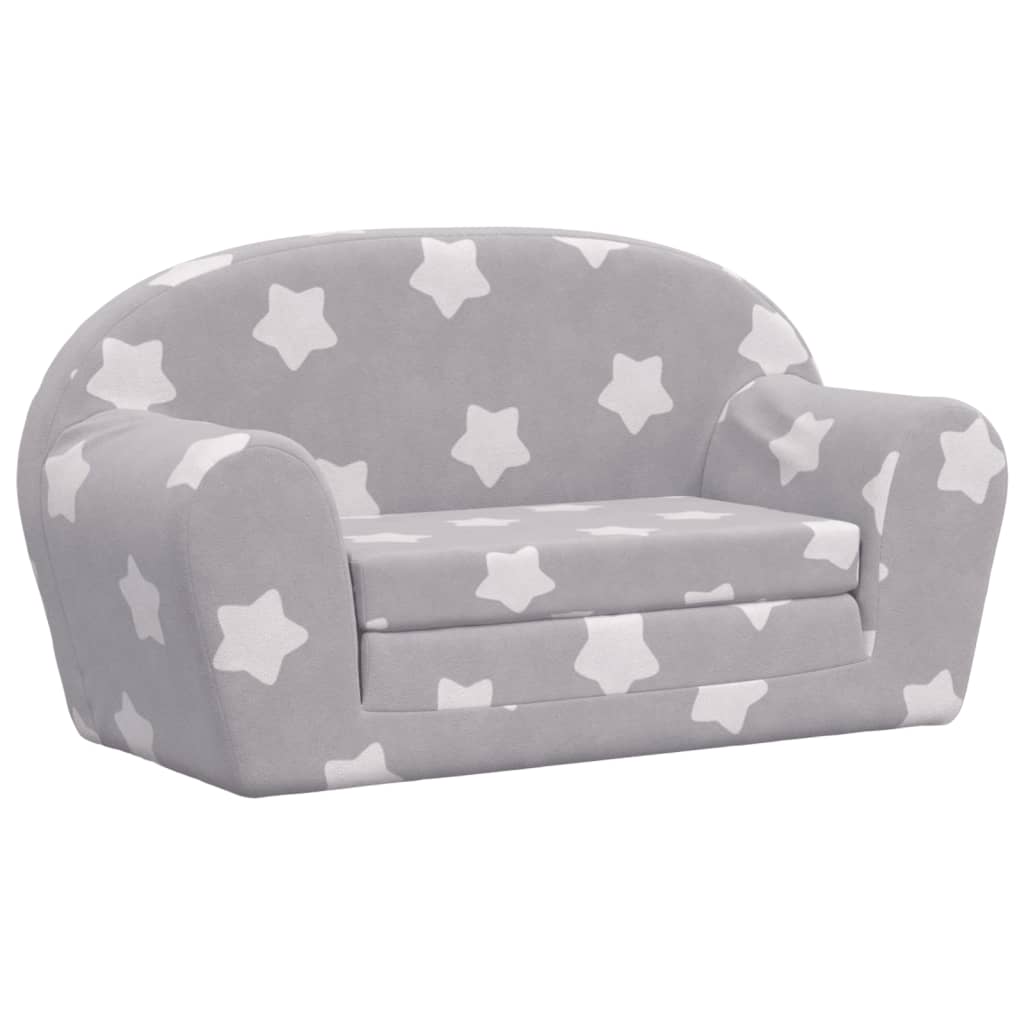 Children's sofa bed 2-seater light grey with stars soft plush