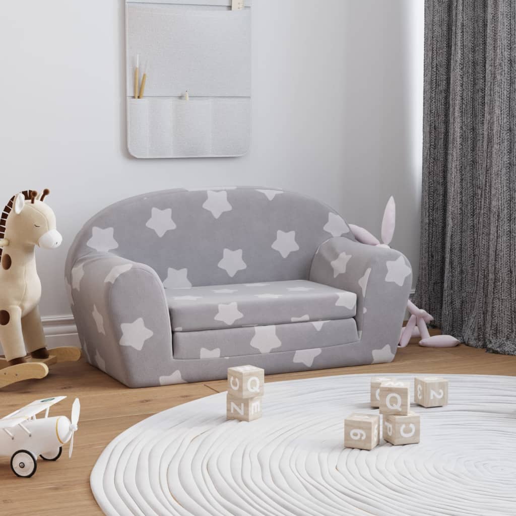 Children's sofa bed 2-seater light grey with stars soft plush