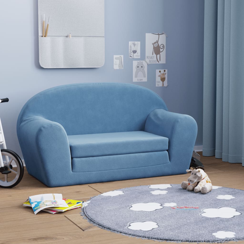 Children's Sofa Bed 2-Seater Blue Soft Plush