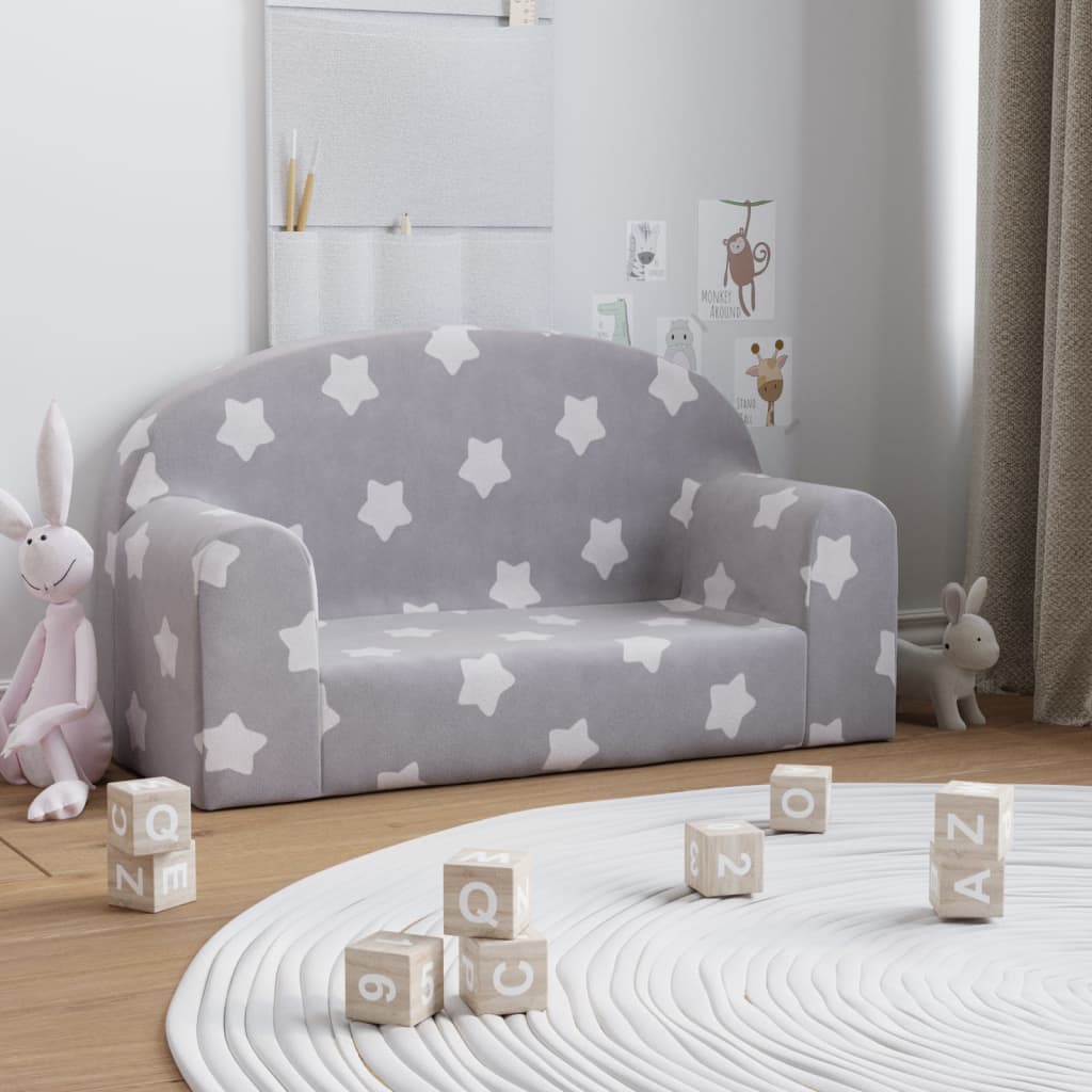 Children's Sofa 2-Seater Light Grey with Stars Soft Plush