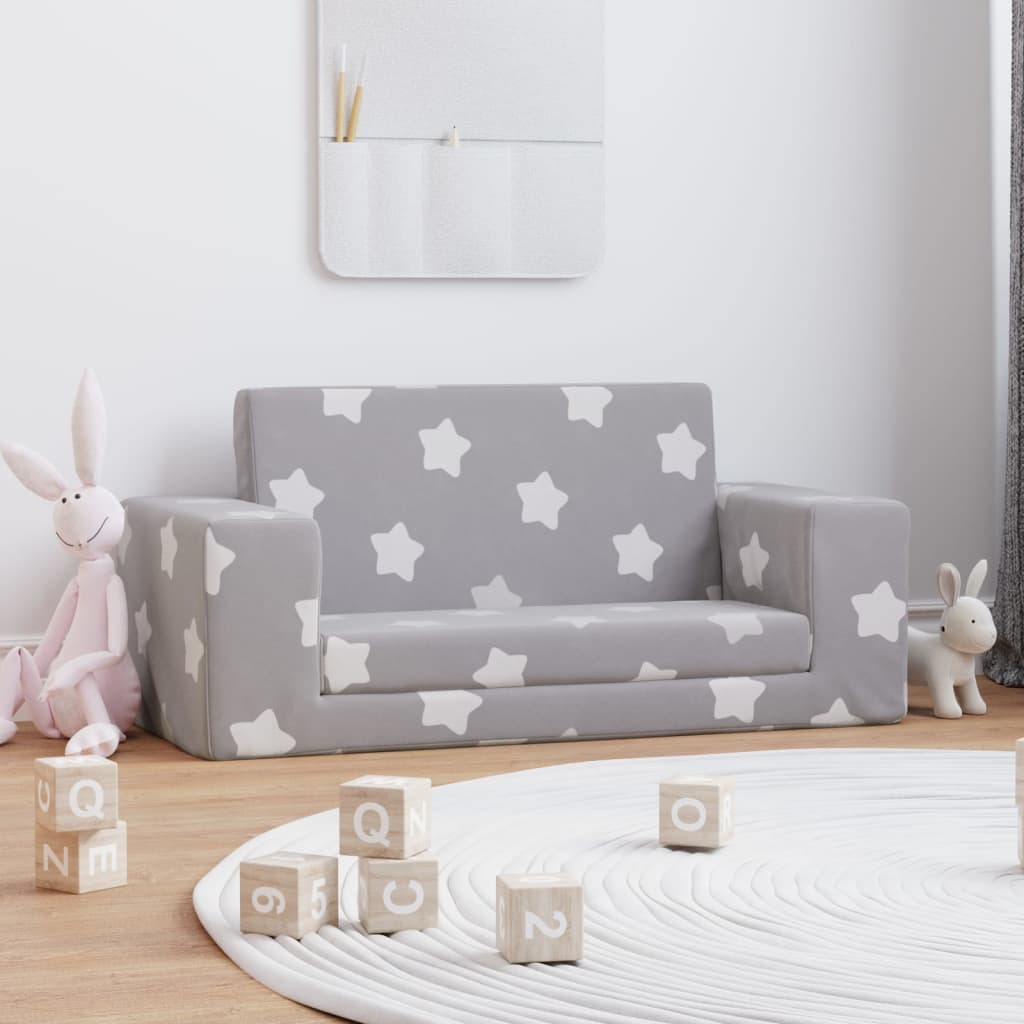 Children's sofa bed 2-seater light grey with stars soft plush