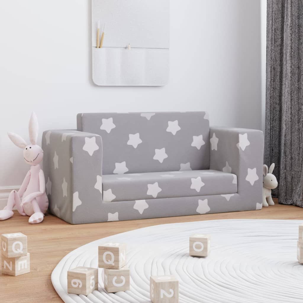 Children's sofa bed 2-seater light grey with stars soft plush