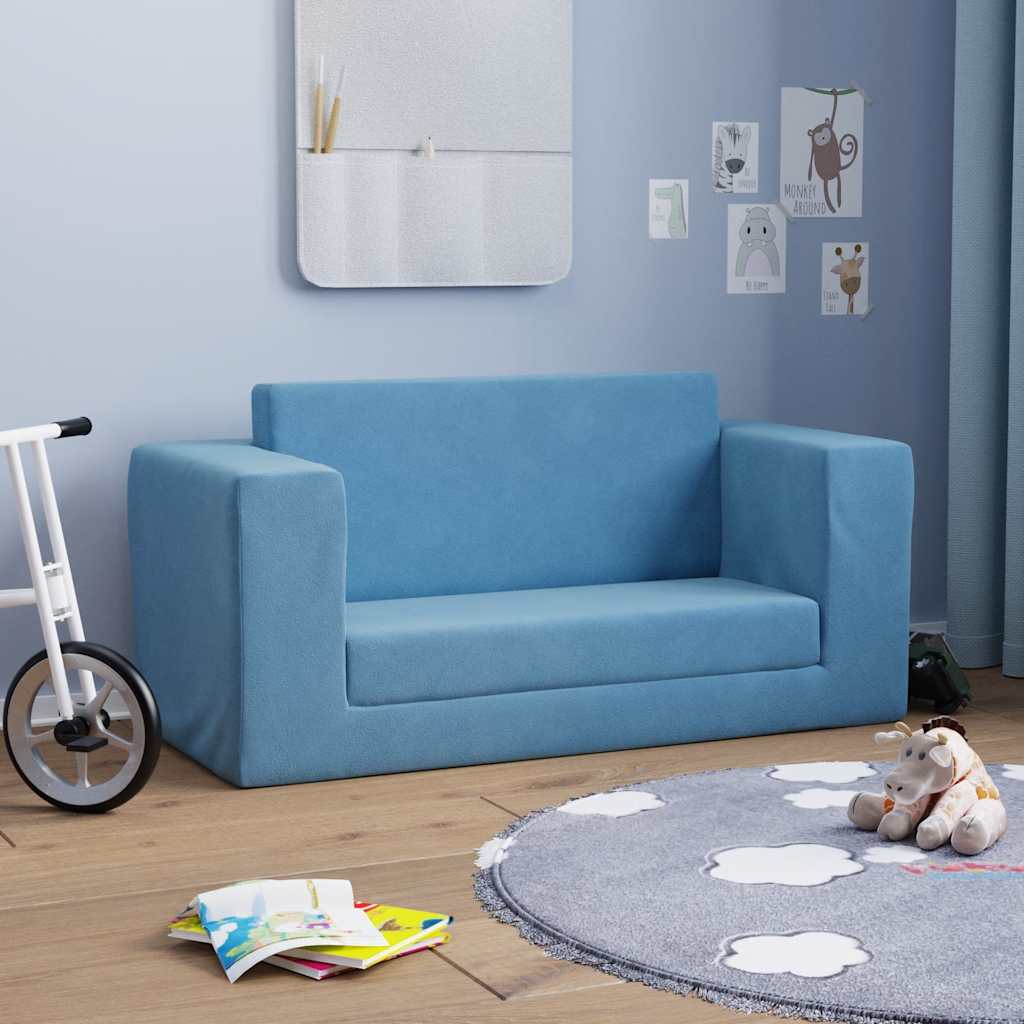 Children's Sofa Bed 2-Seater Blue Soft Plush