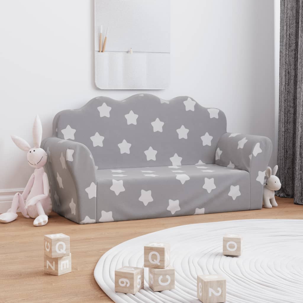 Children's Sofa 2-Seater Light Grey with Stars Soft Plush