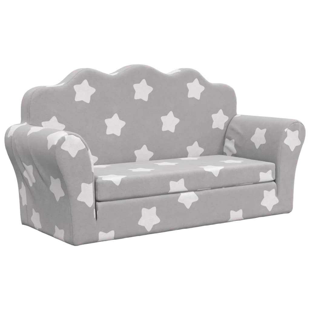 Children's sofa bed 2-seater light grey with stars soft plush