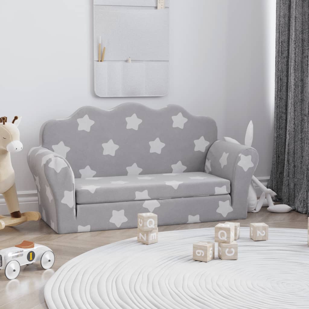 Children's sofa bed 2-seater light grey with stars soft plush