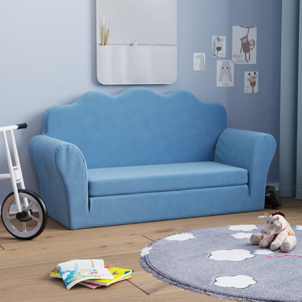 Children's Sofa Bed 2-Seater Blue Soft Plush