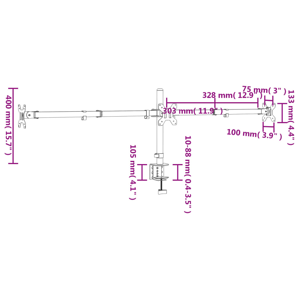 Desk mount for 3 monitors Black Steel VESA 75/100 mm