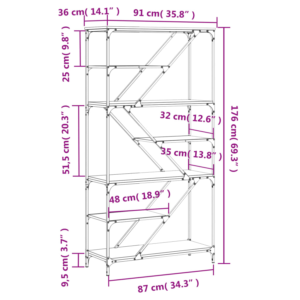 Bücherregal Schwarz 91x36x176 cm Holzwerkstoff und Stahl