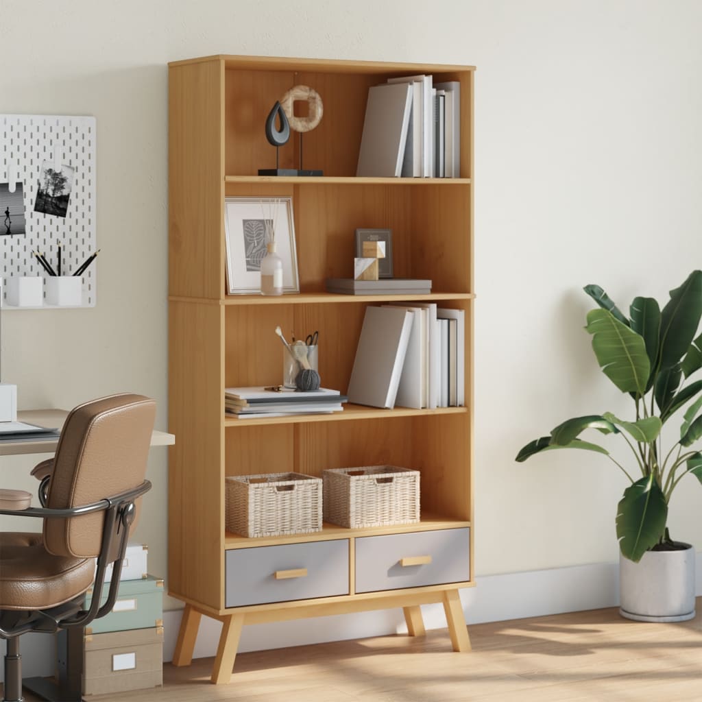 Bookcase OLDEN 4 compartments grey and brown solid pine