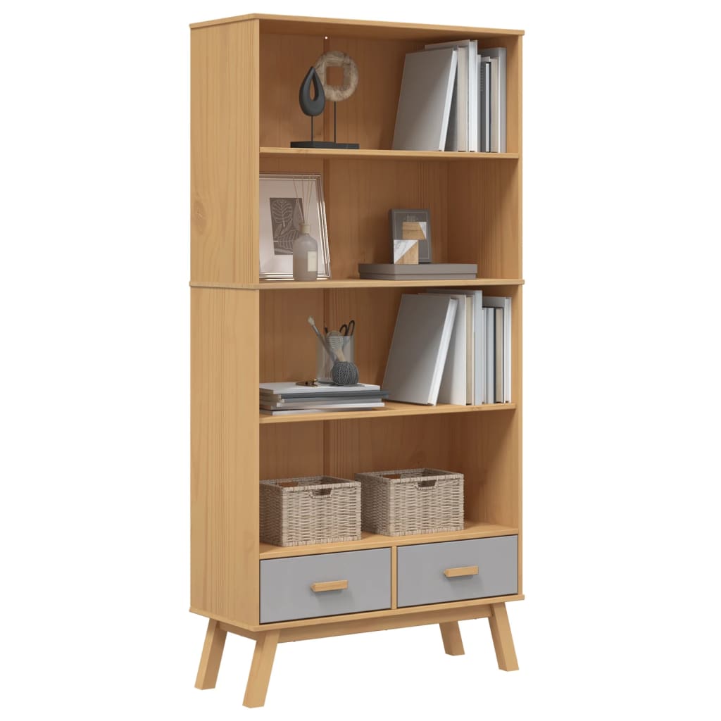 Bookcase OLDEN 4 compartments grey and brown solid pine