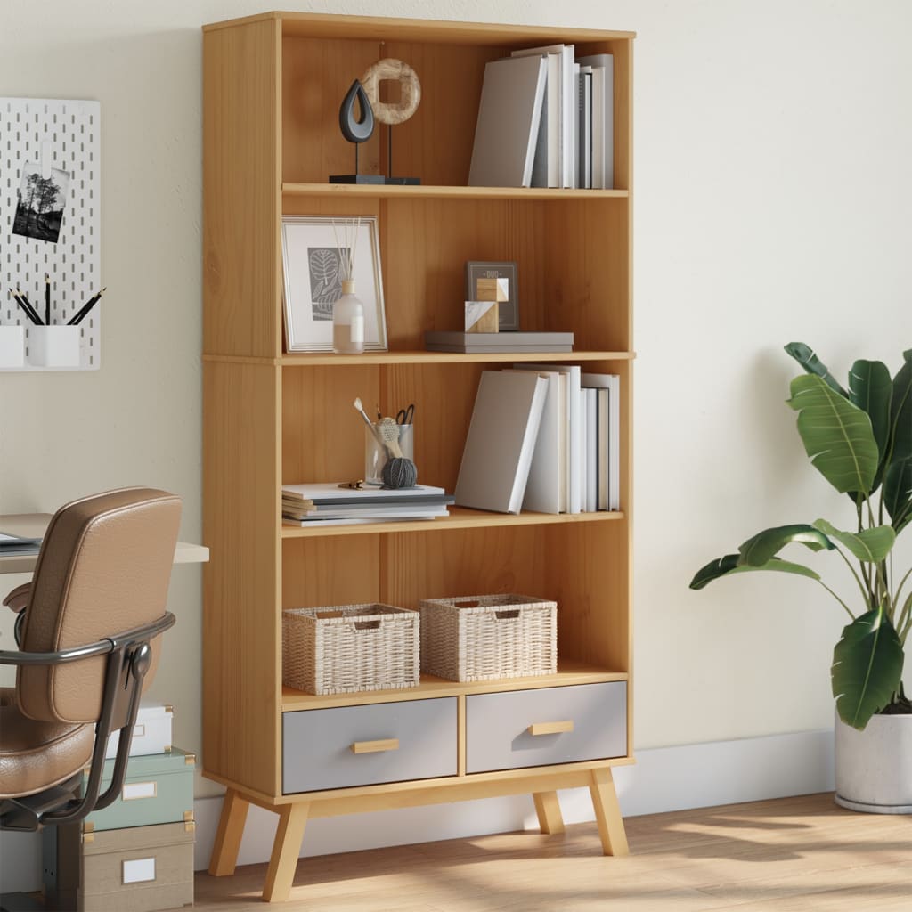 Bookcase OLDEN 4 compartments grey and brown solid pine