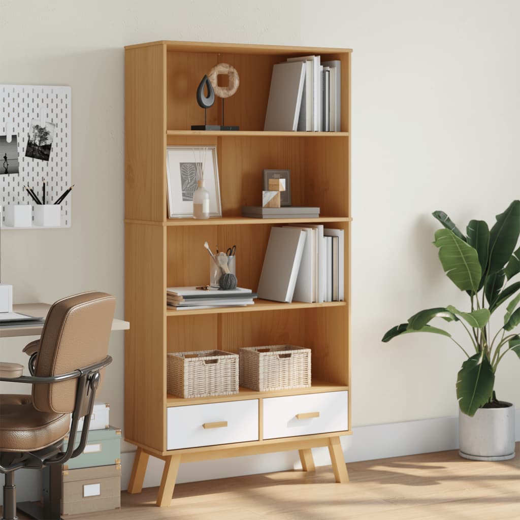 Bookcase OLDEN 4 compartments white and brown solid pine