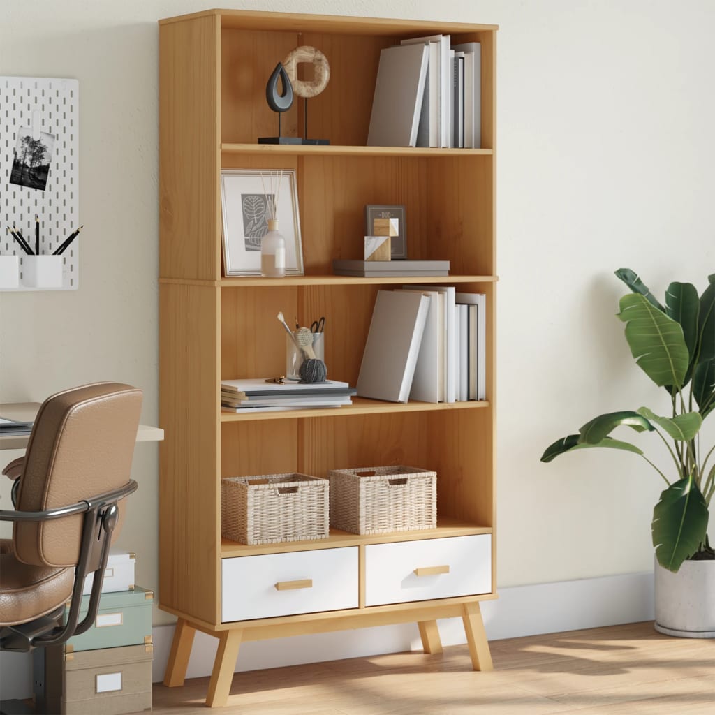 Bookcase OLDEN 4 compartments white and brown solid pine