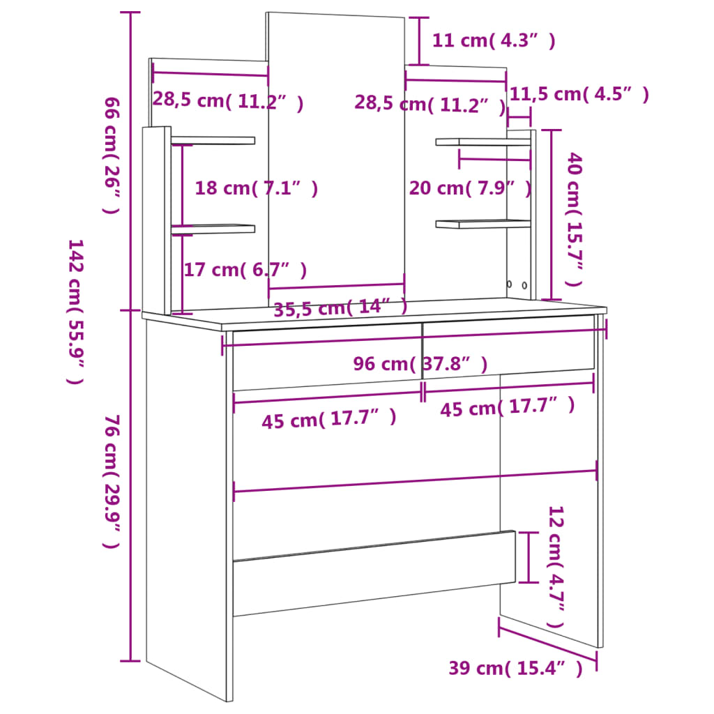 Schminktisch mit Spiegel Schwarz 96x39x142 cm