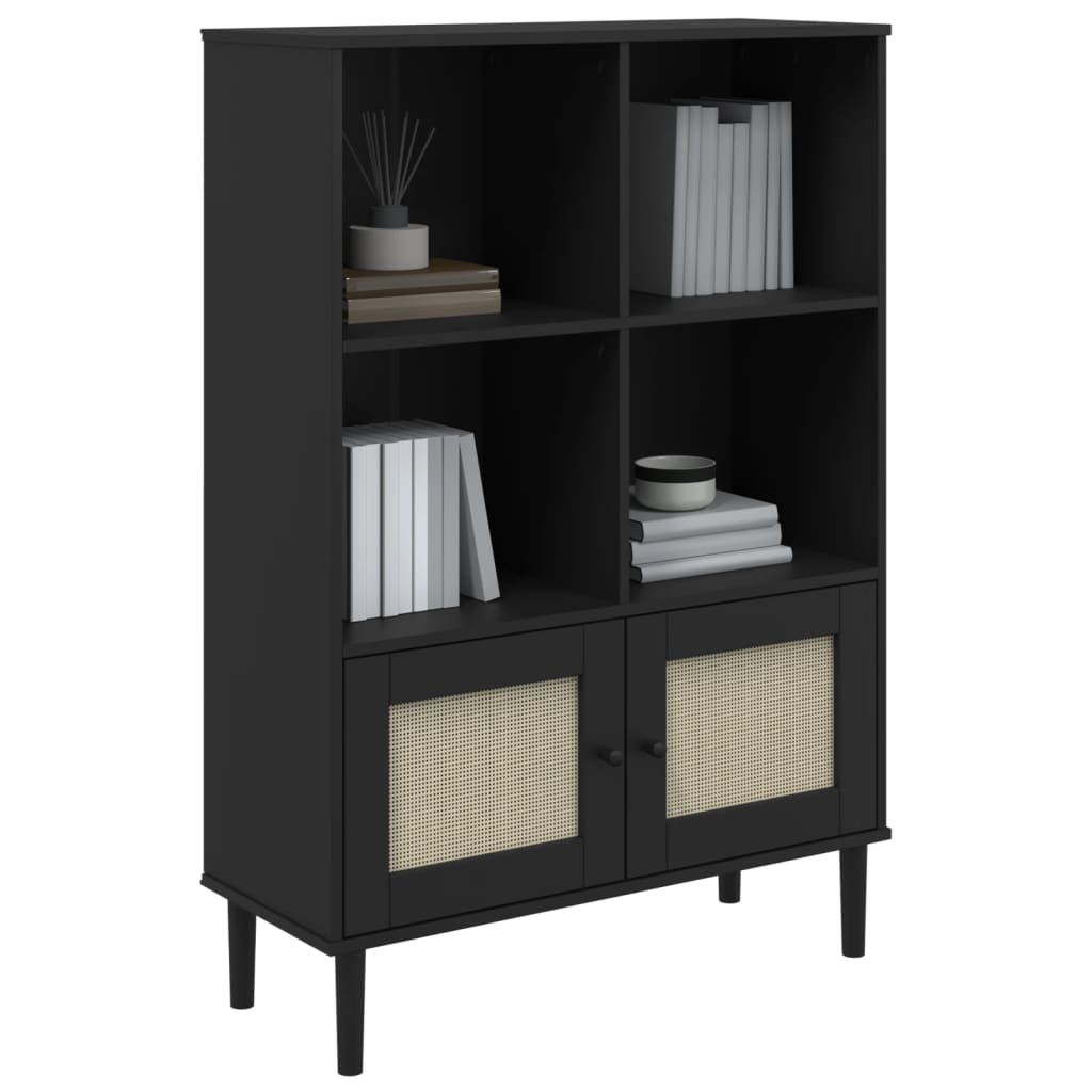 Bücherschrank SENJA Rattan-Look Schwarz 90x35x130cm Kiefernholz