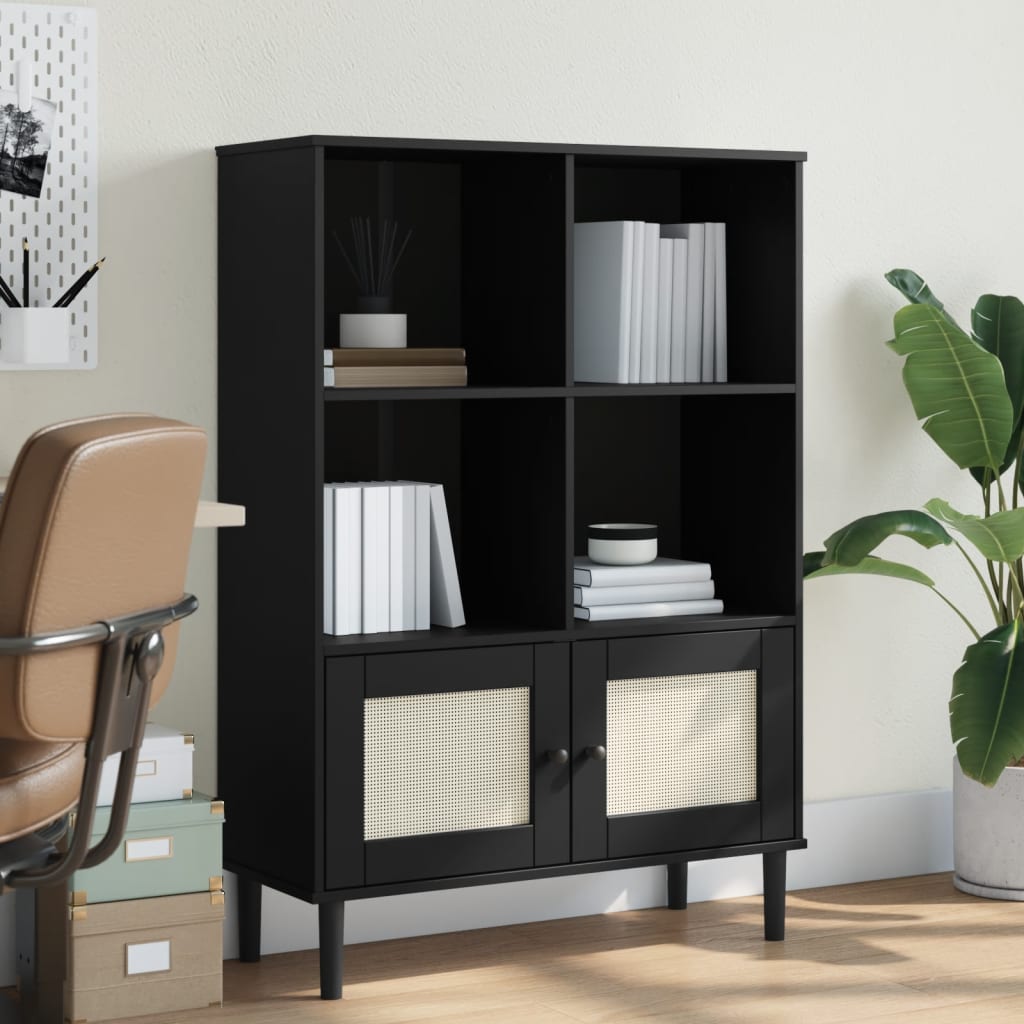 Bookcase SENJA Rattan-Look Black 90x35x130cm Pinewood