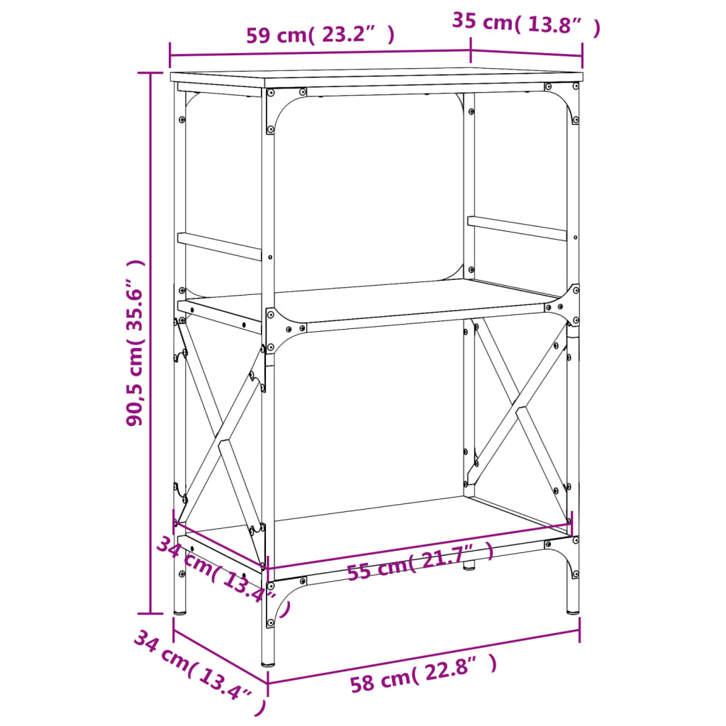 Bücherregal 3 Böden Grau Sonoma 59x35x90,5 cm Holzwerkstoff