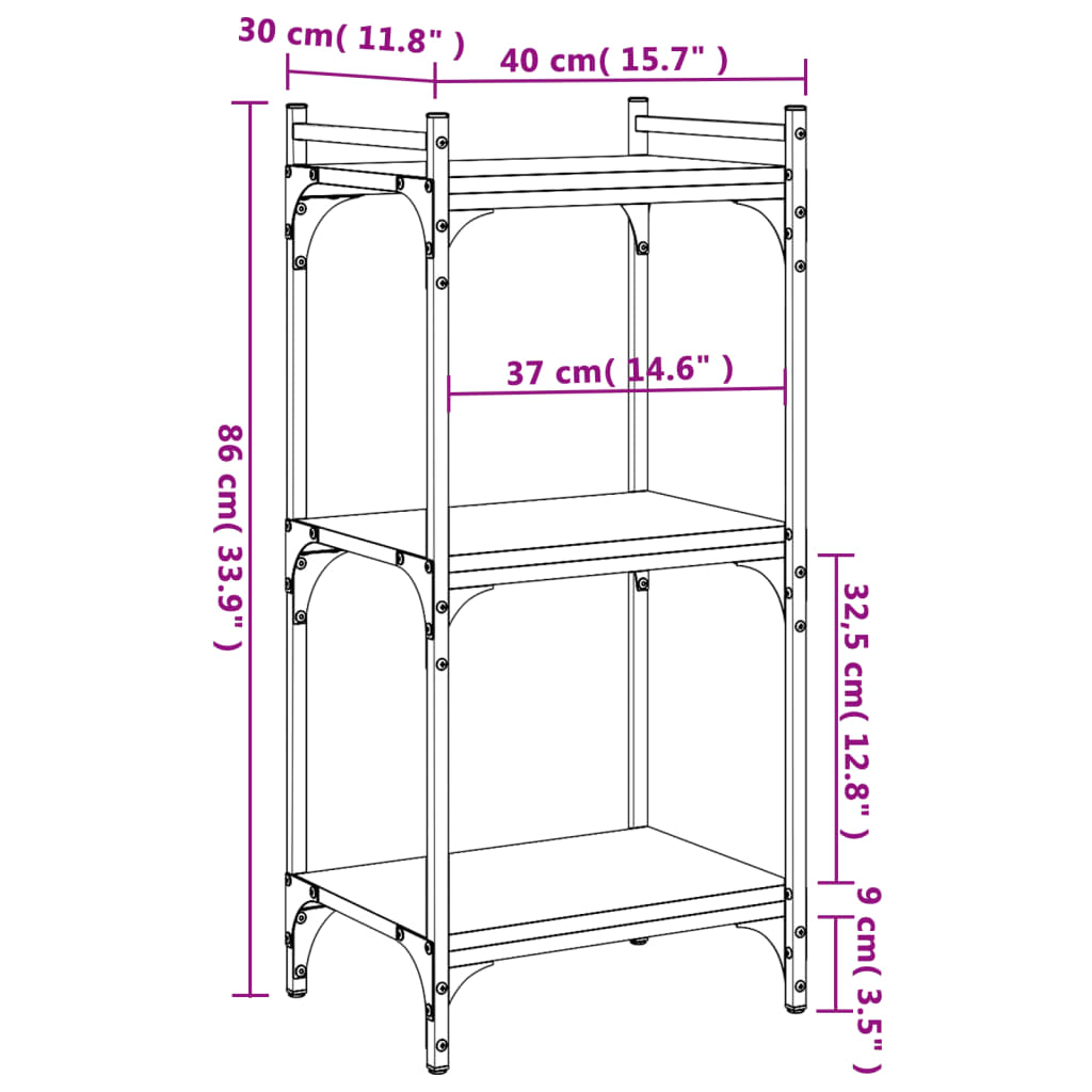 Bookcase 3 Shelves Black 40x30x86 cm Wood Material