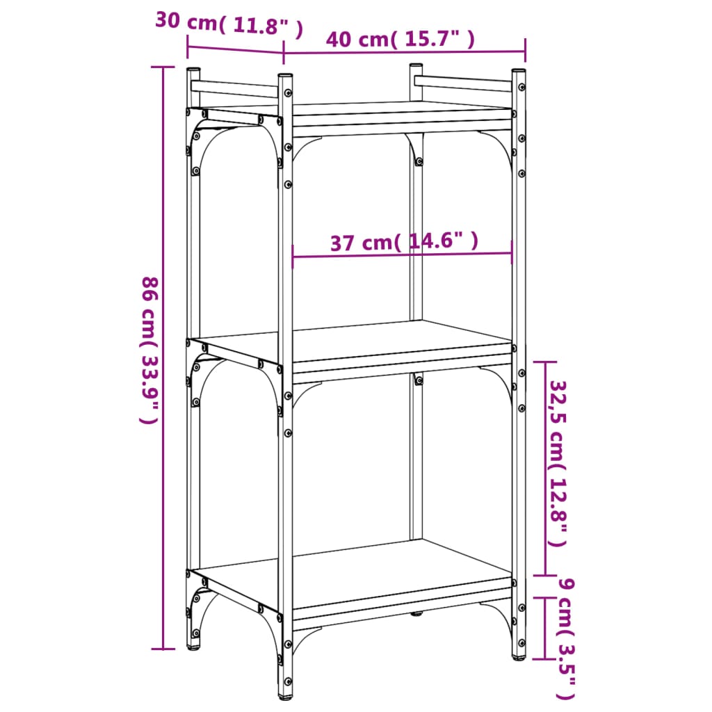 Bookcase 3 Shelves Grey Sonoma 40x30x86 cm Wood Material