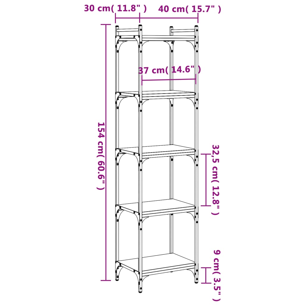 Bookcase 5 Shelves Black 40x30x154 cm Wood Material