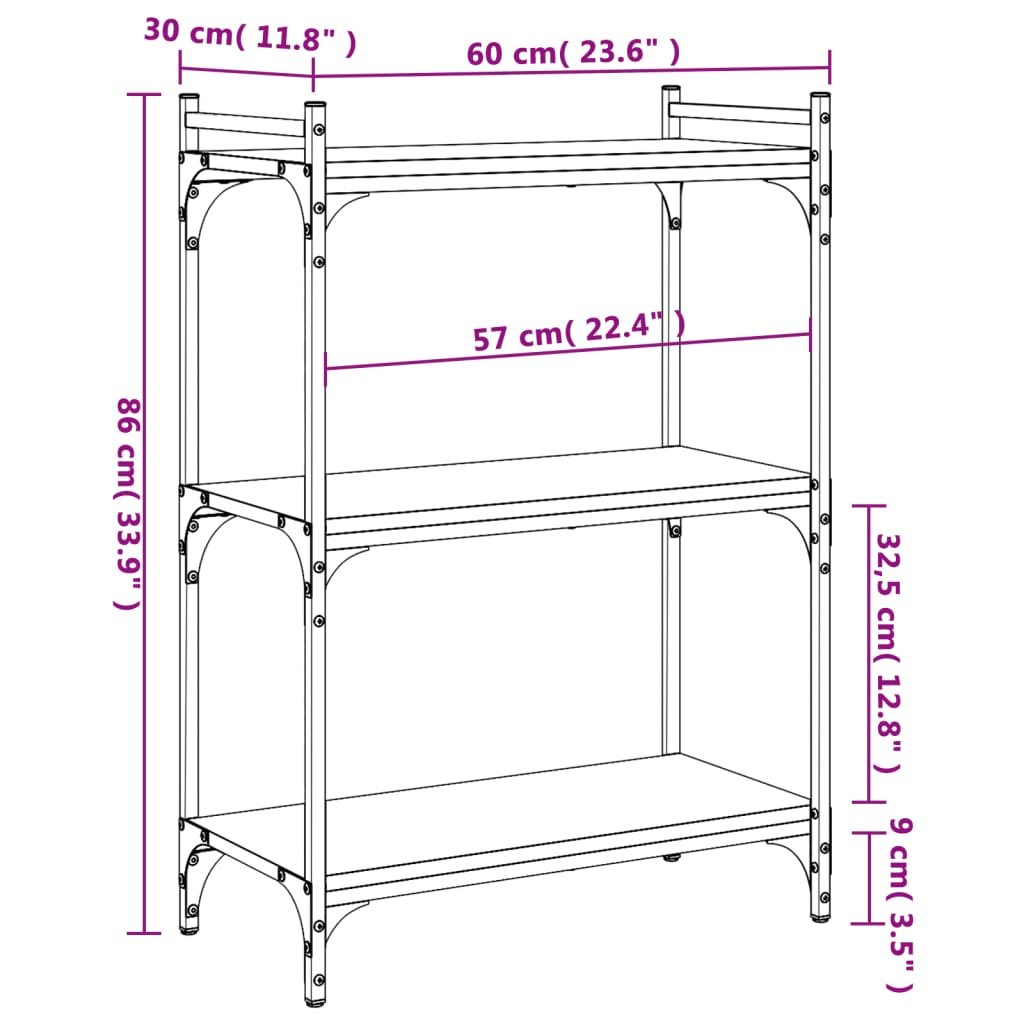 Bookcase 3 Shelves Black 60x30x86 cm Wood Material