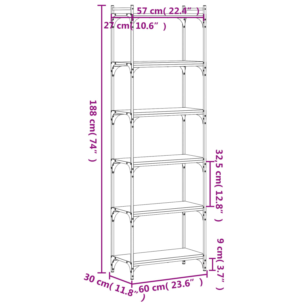 Bookcase 6 shelves smoked oak 60x30x188 cm wood material