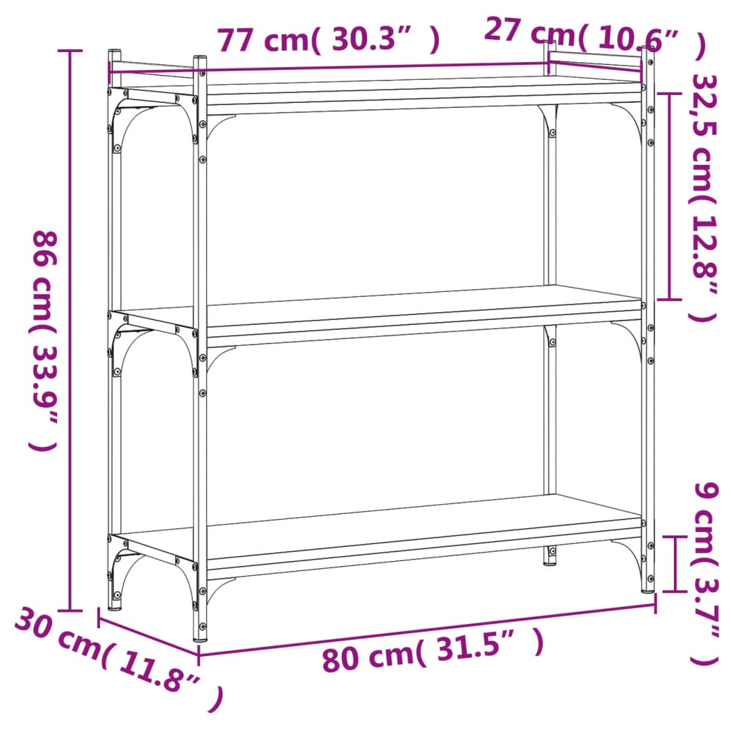 Bookcase 3 shelves smoked oak 80x30x86 cm wood material