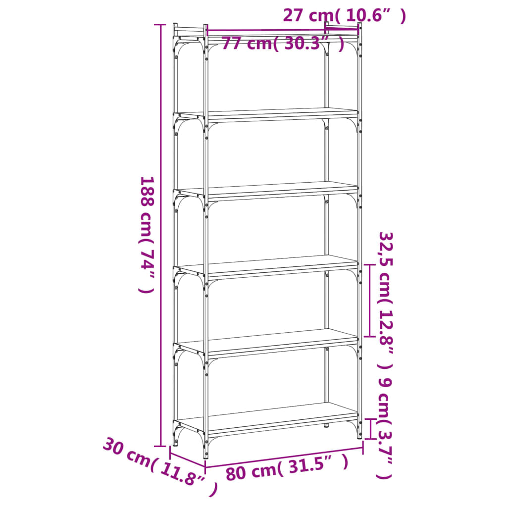 Bookcase 6 shelves smoked oak 80x30x188 cm wood material