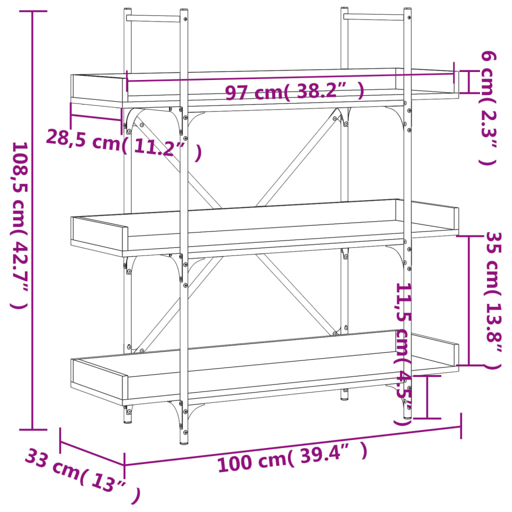 Bookcase 3 shelves Sonoma oak 100x33x108.5 cm wood material