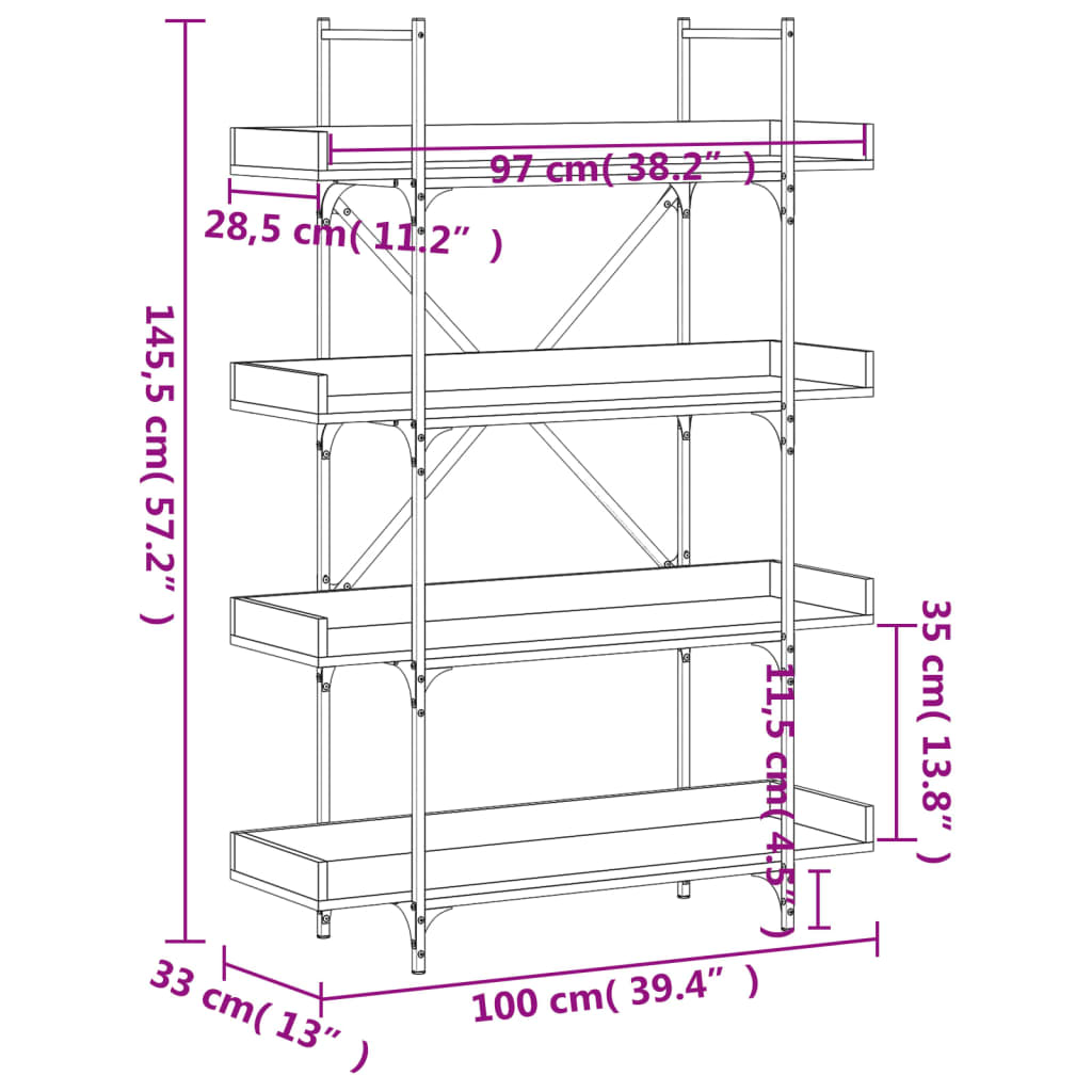 Bookcase 4 Shelves Black 100x33x145.5 cm Wood Material