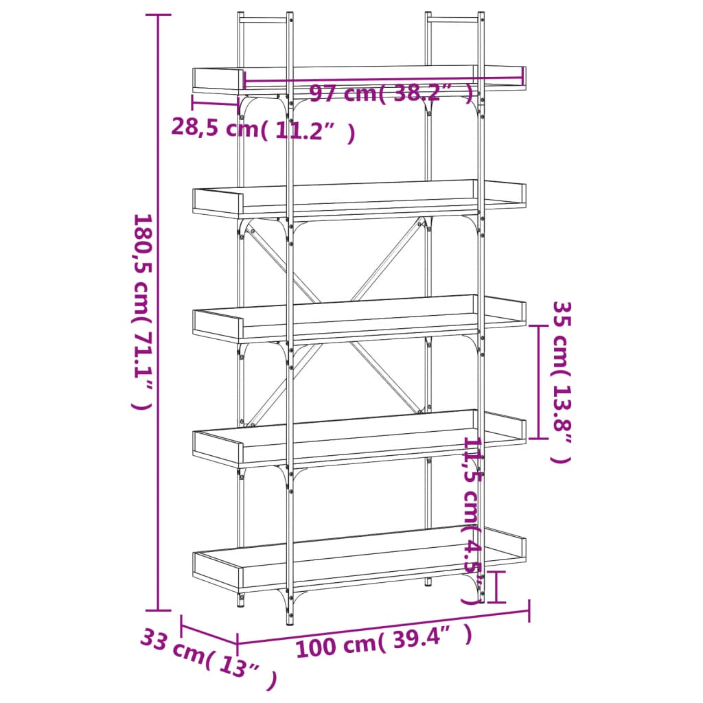 Bookcase 5 Shelves Black 100x33x180.5 cm Wood Material