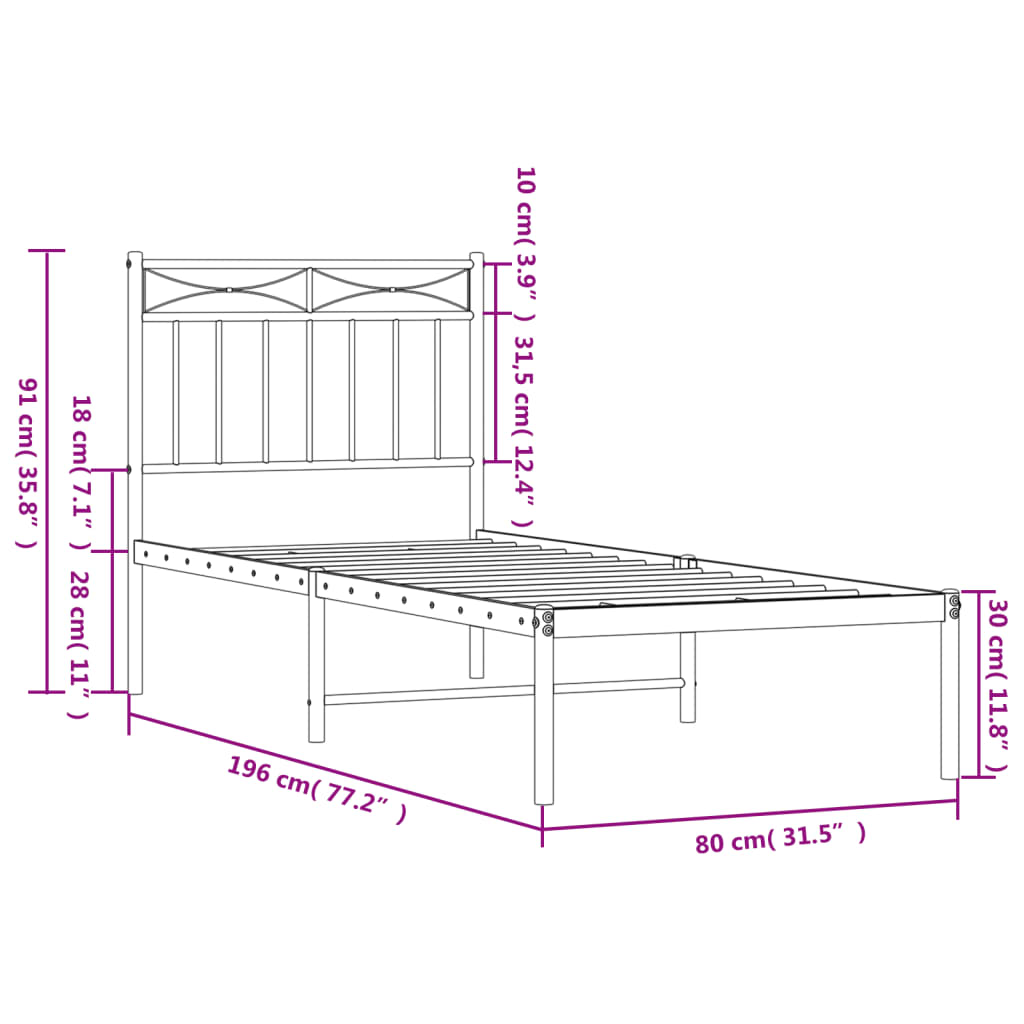 Bed frame with headboard metal black 75x190 cm