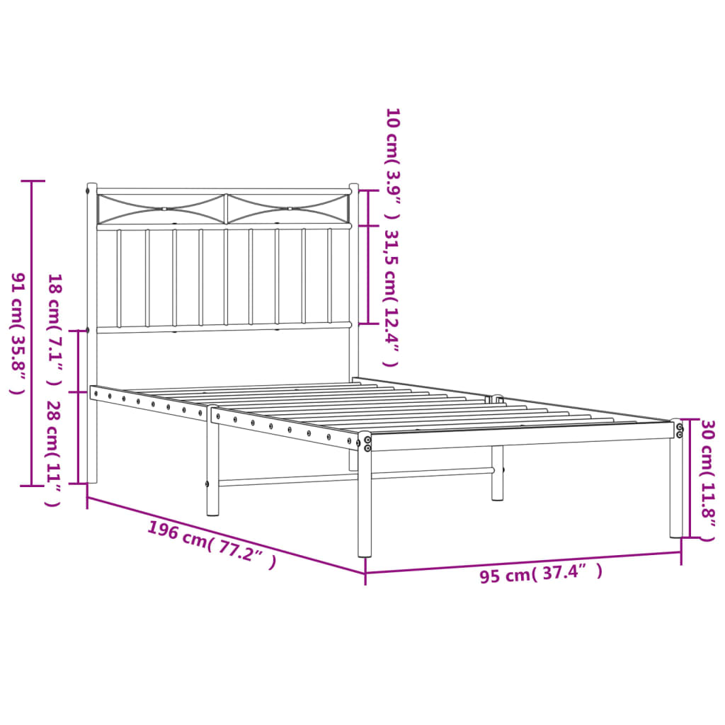 Bed frame with headboard metal black 90x190 cm