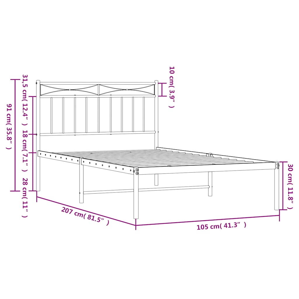 Bed frame with headboard metal black 100x200 cm