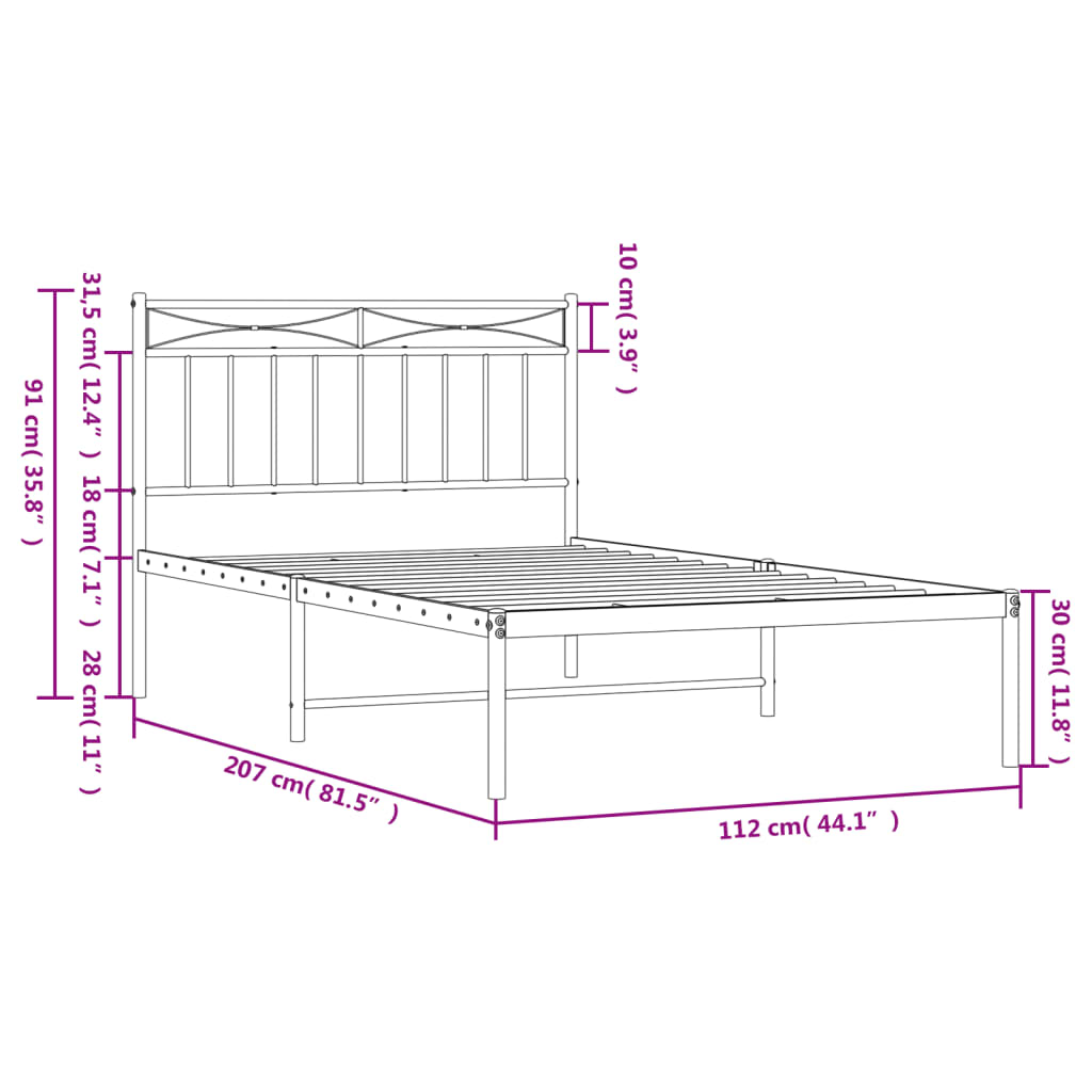 Bed frame with headboard metal black 107x203 cm