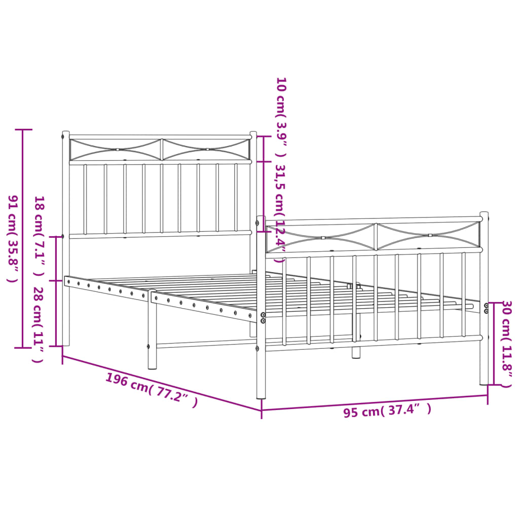 Bed frame with head and footboard metal black 90x190 cm