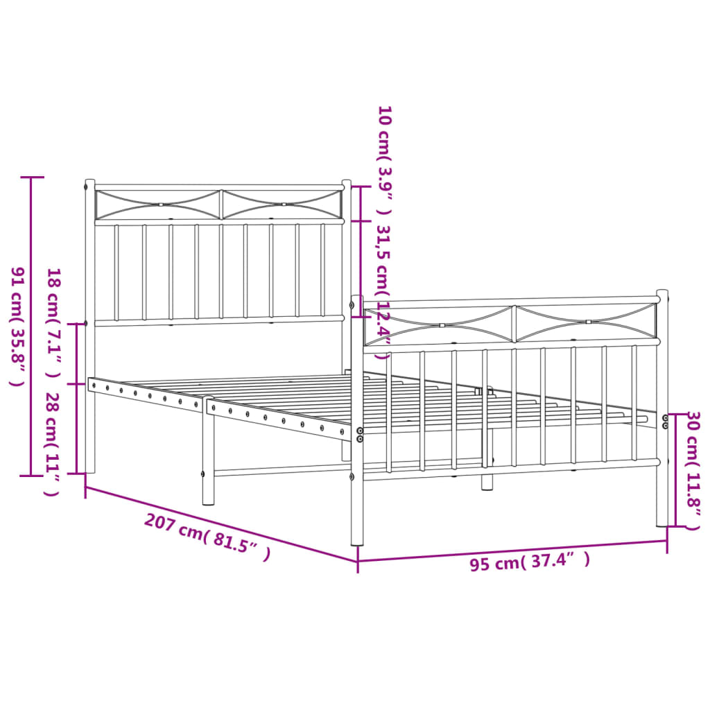 Bed frame with head and footboard metal black 90x200 cm