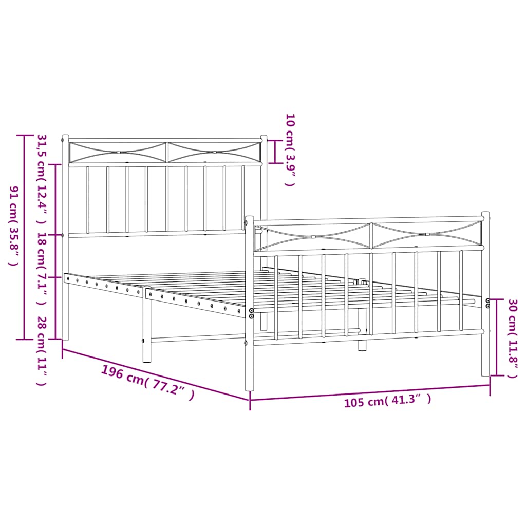 Bed frame with head and footboard metal black 100x190 cm