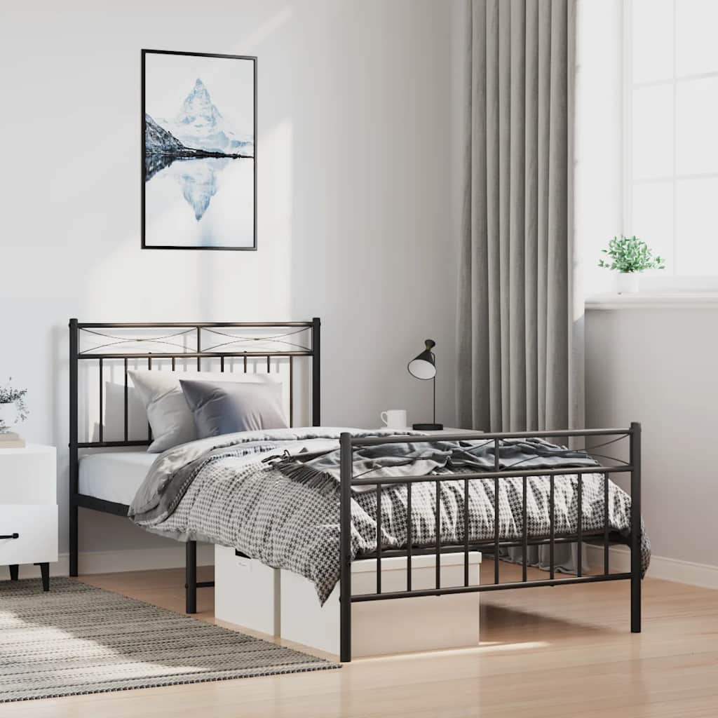 Bed frame with head and footboard metal black 100x190 cm